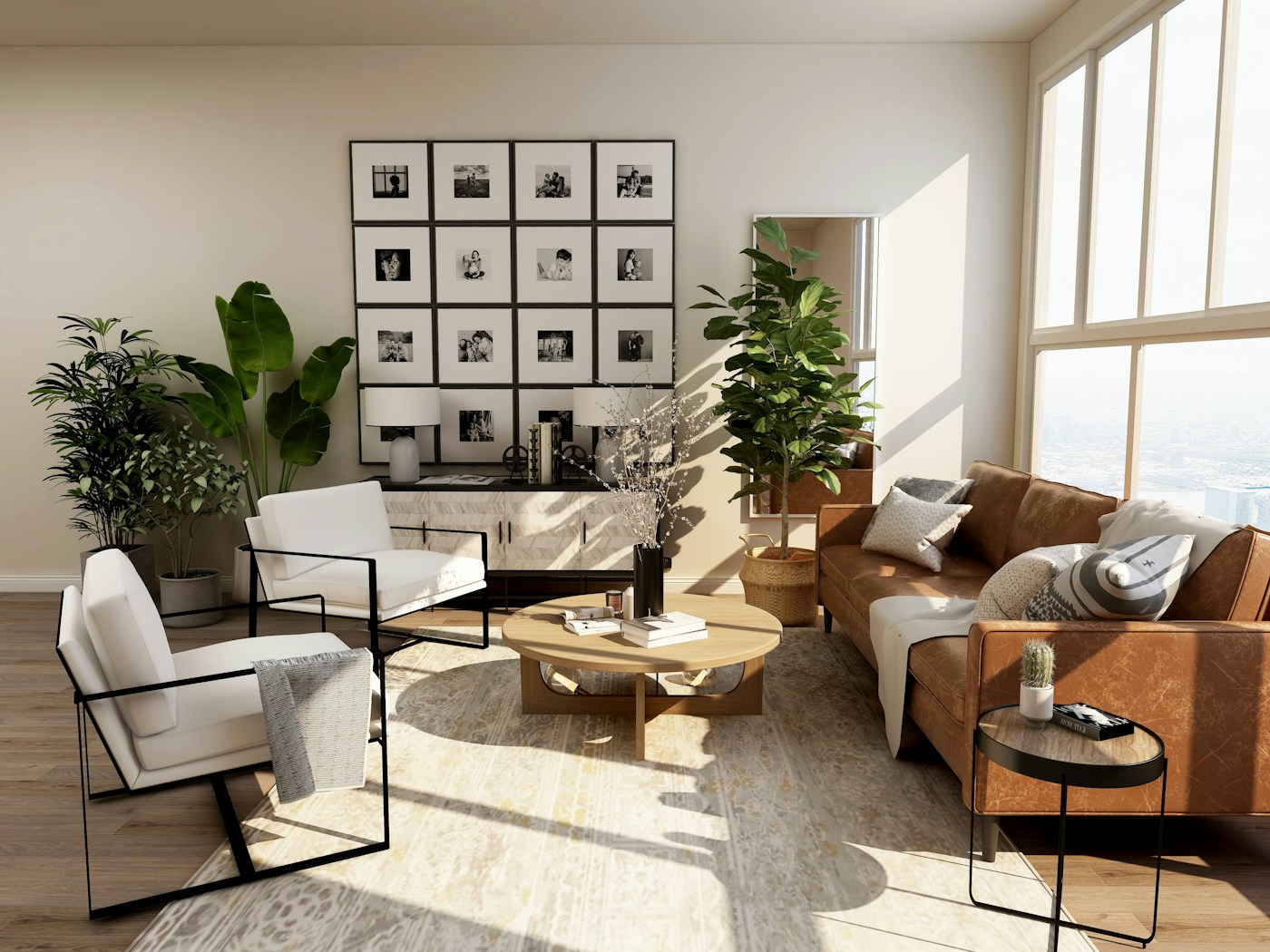 Contemporary living room with sofa, coffee table, and warm lighting